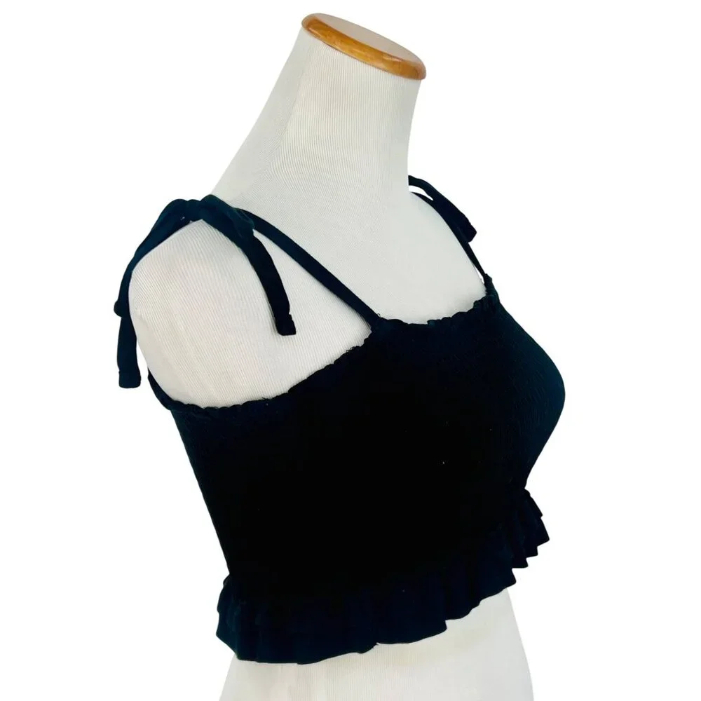 Garage Black Smocked Tie Straps & Ruffled Hem Crop Top - Picture 5 of 14